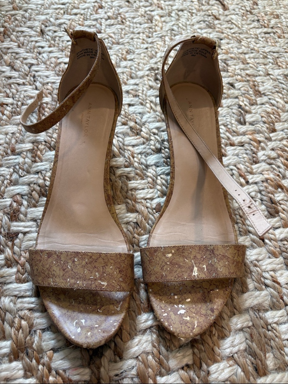 Ann Taylor Cork-Effect Ankle Strap Heels in Brown with Gold Flecks